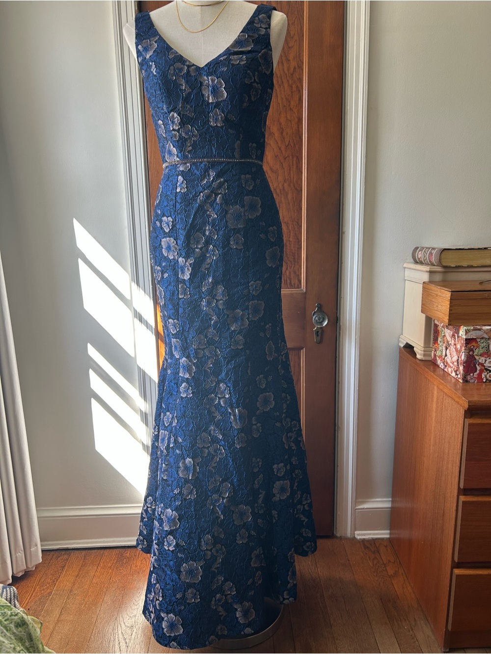 JS Collections Navy and Silver Floral Lace Maxi Gown
